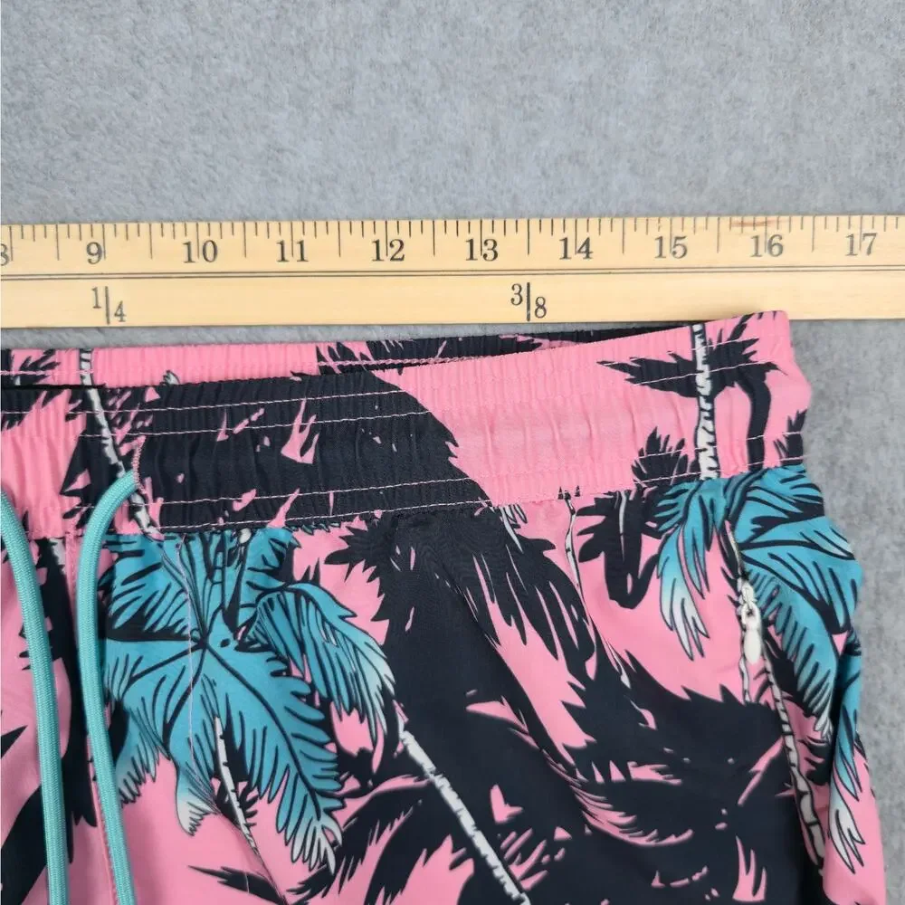 SURFCUZ Mens Medium Pink Swim Trunks Black Blue Palm Tree Pattern Drawstring